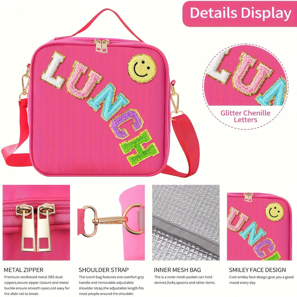 Preppy Insulated Lunch Bag with Adjustable Strap and Chenille Letter Patch