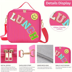 Preppy Insulated Lunch Bag with Adjustable Strap and Chenille Letter Patch