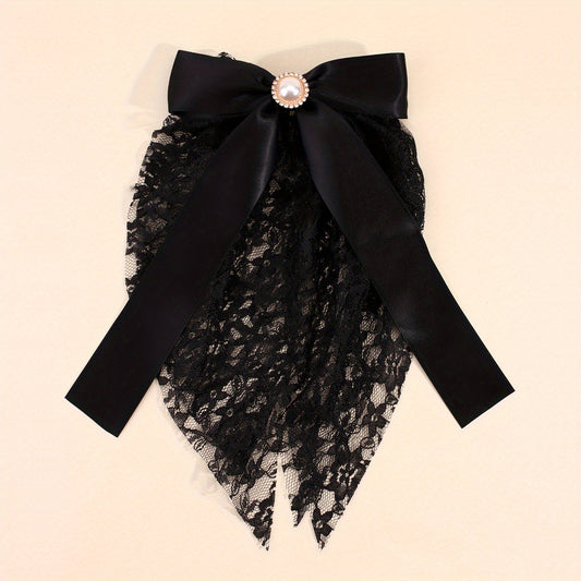 Long Lace Bow Barrette Faux Pearl Hair Clip for Women Girls