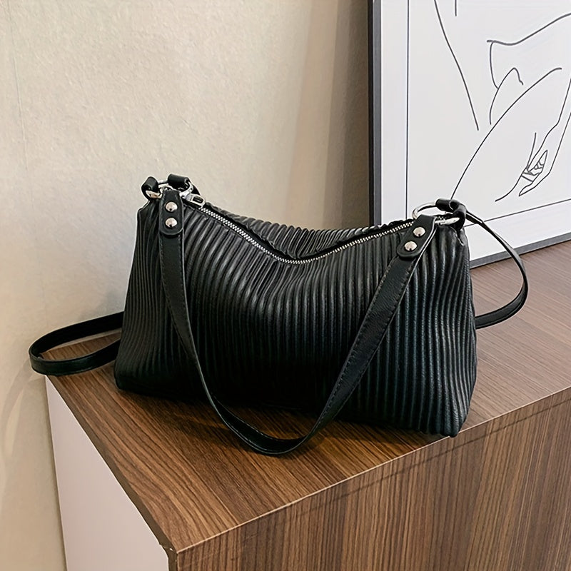 Solid Ruched Crossbody Bag Underarm Bag Zipper