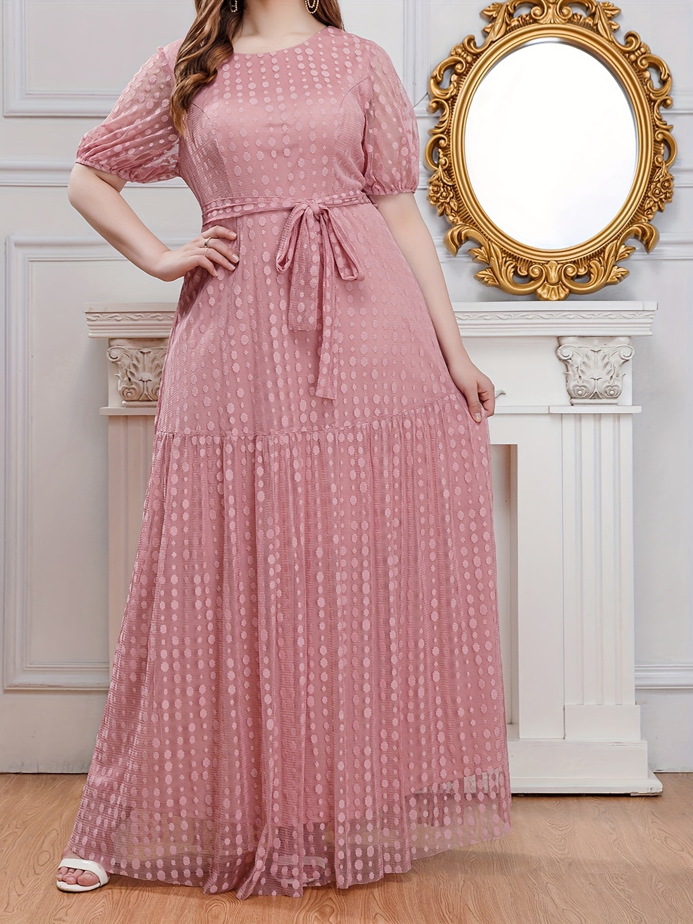 Polka Dot Mesh Puff Sleeve Maxi Formal Evening Dress With Belt