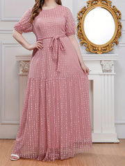 Polka Dot Mesh Puff Sleeve Maxi Formal Evening Dress With Belt