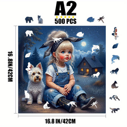 Wooden Jigsaw Puzzle Enchanting Girl & Dog Moonlit Night Scene Animal Si