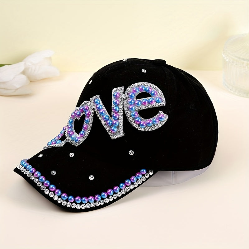 LOVE Patch Baseball Cap Rhinestone Pearl Decor Sun Hat Y2K Dad Hats