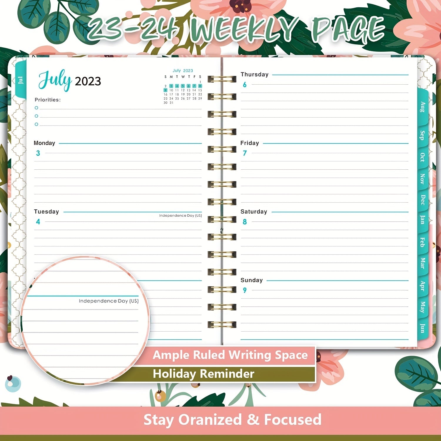 Academic Planner July-June 6.3''x8.4'' Weekly Monthly 12 Month Tabs