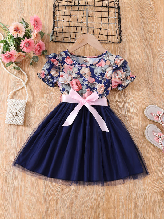 Toddler Girls Floral Princess Dress with Ruffle Trim and Belt
