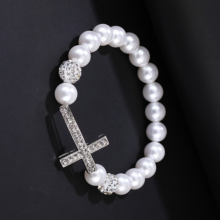Faux Pearls Cross Bracelet Rhinestone Inlay Women Girls
