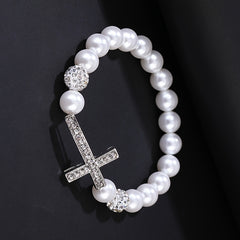 Faux Pearls Cross Bracelet Rhinestone Inlay Women Girls