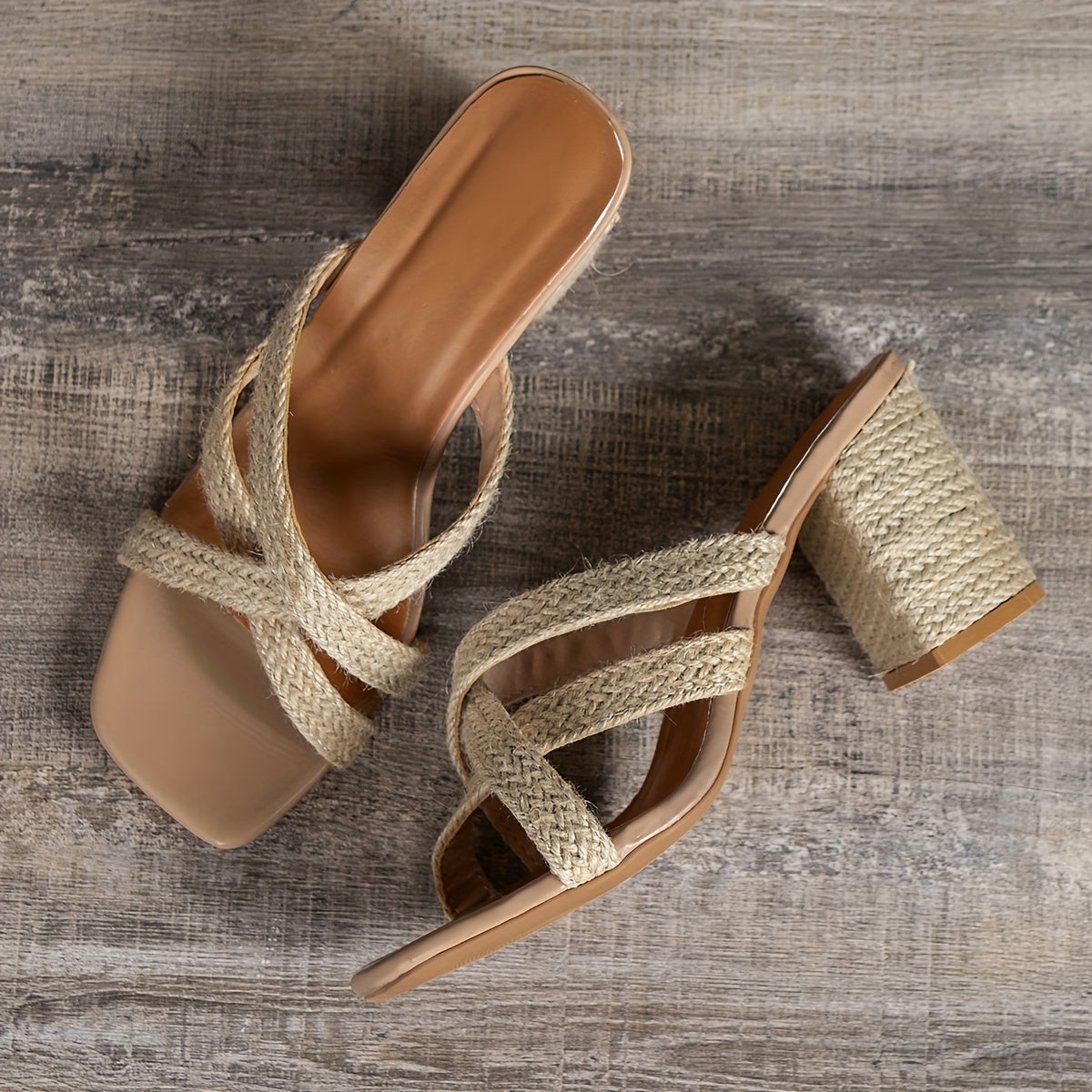 Women's Straw Block Heeled Sandals Cross Strap Comfortable Square Toe Pumps