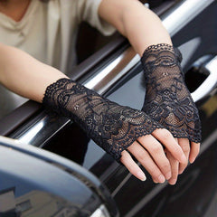 Flower Mesh Lace Sunscreen Gloves - Medium Length