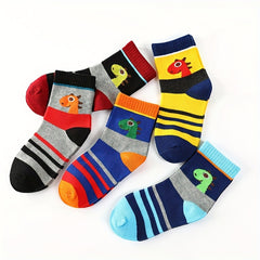 5 Pairs Boy's Cartoon Dinosaur Pattern Crew Socks - Unisex Outdoor Style