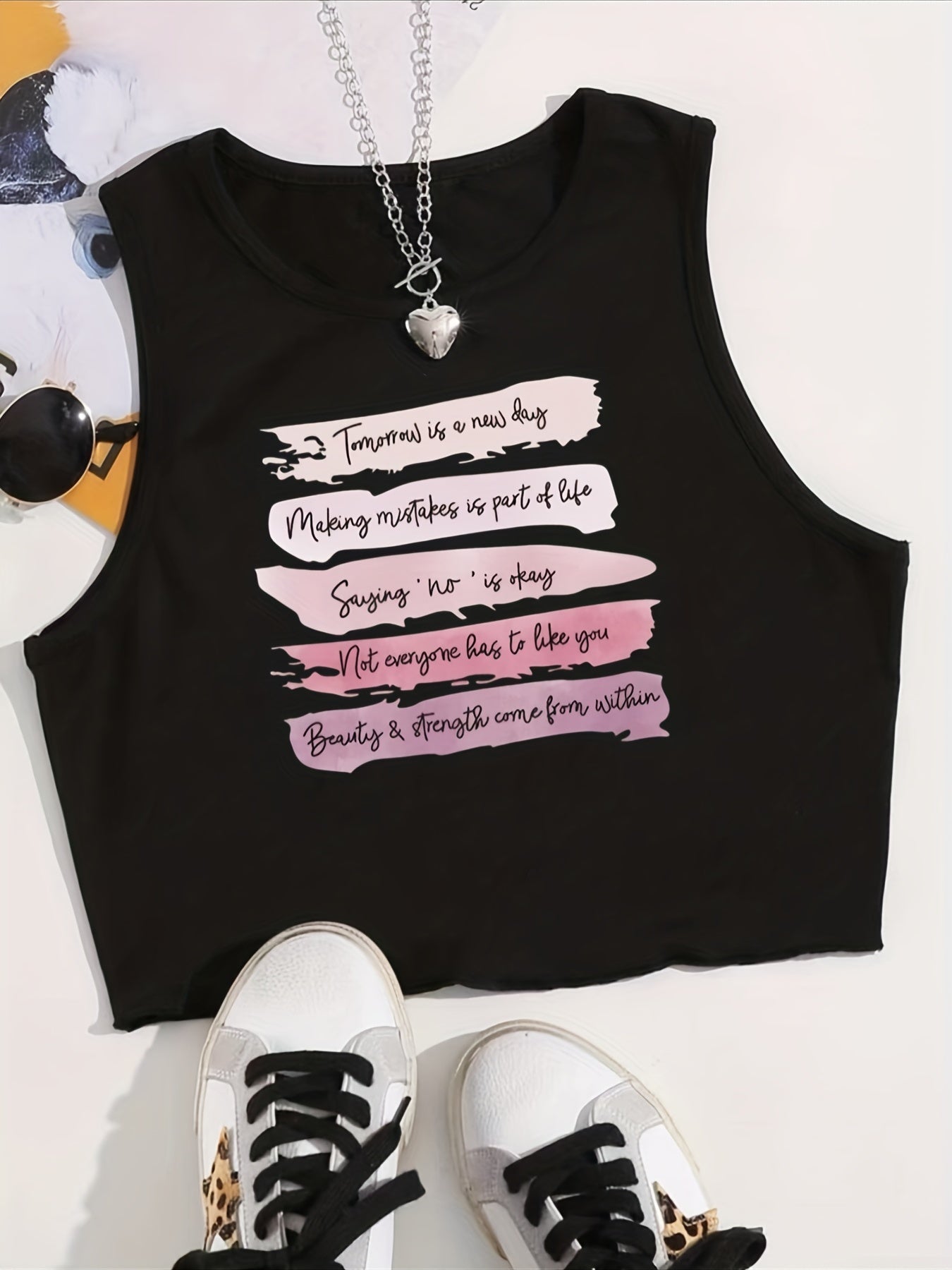 Y2K Letter Print Crop Tank Top Sleeveless Crew Neck Casual Top