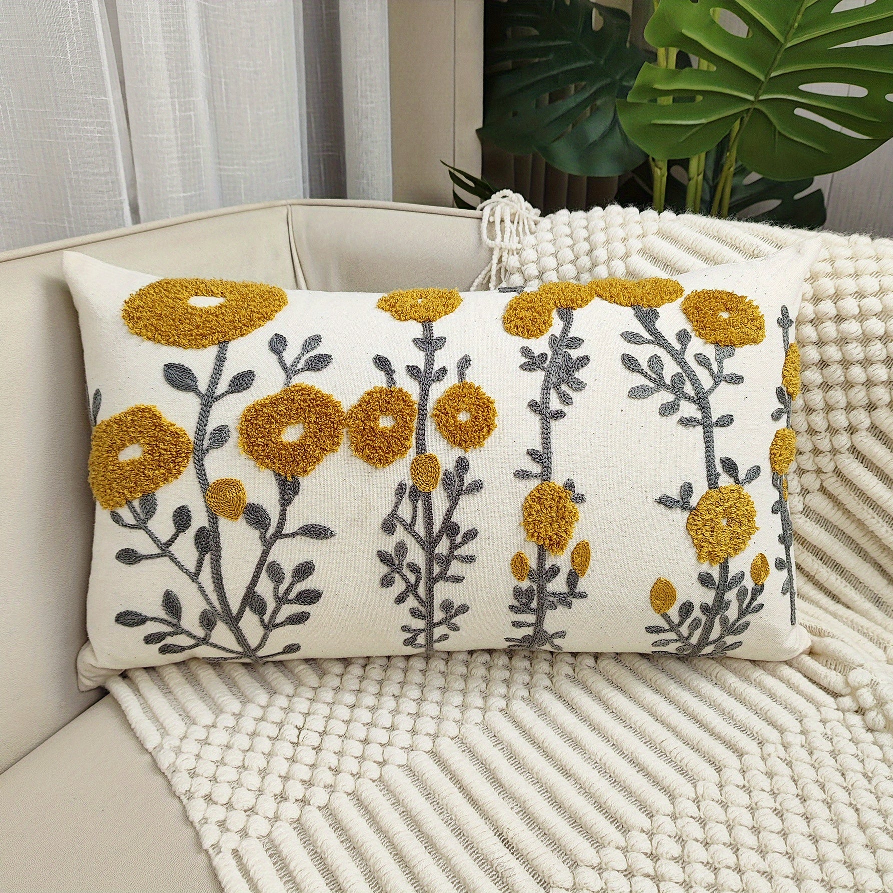 Boho Floral Tufted Throw Pillow Cover Embroidered Cotton Cushion for Couch Bed