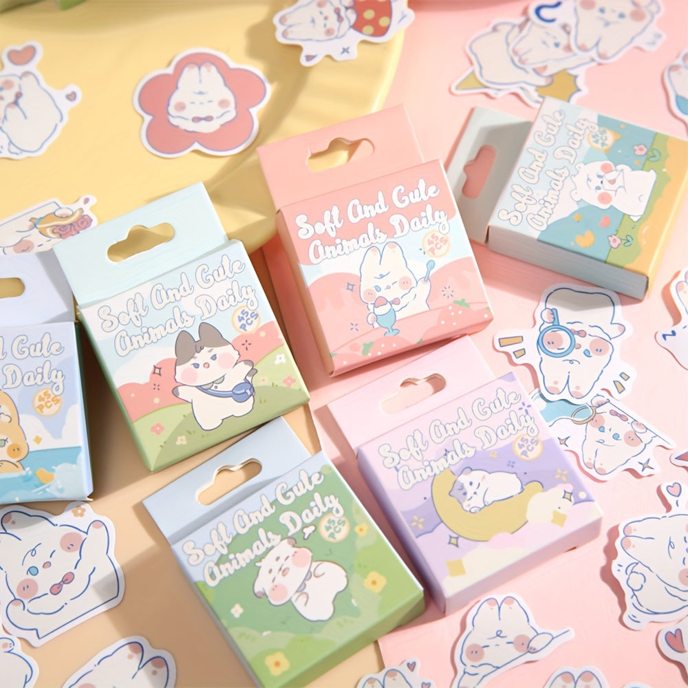 45pcs Non-Repeating Cartoon Stickers - Rabbit, Cat, Seal - 4.1x4.1 Inches