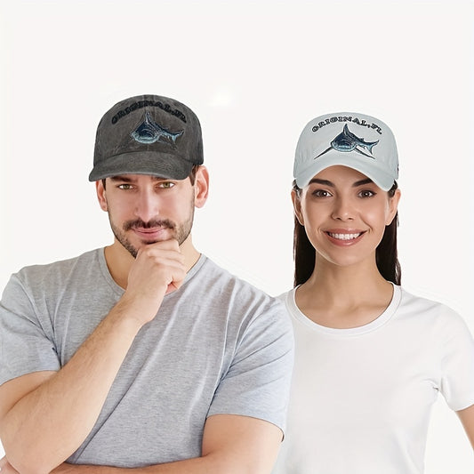 Distressed Coated Denim Baseball Hat with Big Shark Embroidery