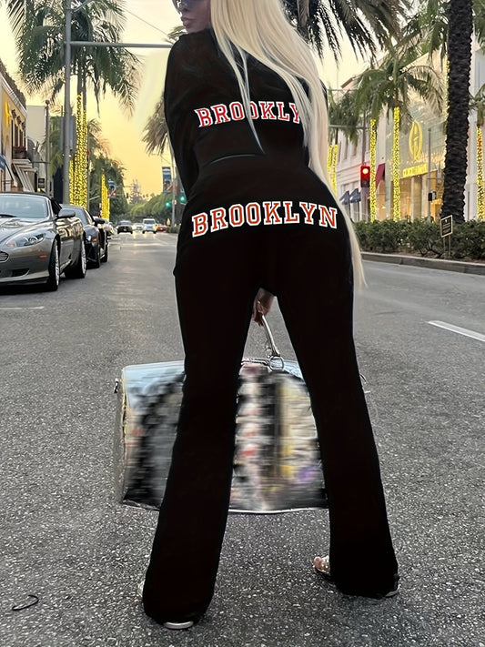 Women's Plus Size Letter Print Hoodie & Pants 2 Piece Set
