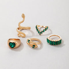 Vintage Green Gemstone Snake Rings Set - 5pcs