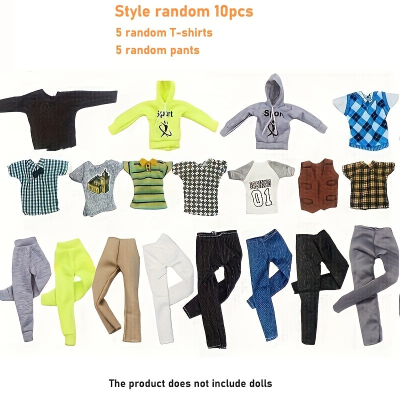 10pc Mixed Outfits for 30-02cm Male Dolls - Tops & Pants - Kids Party Clothes