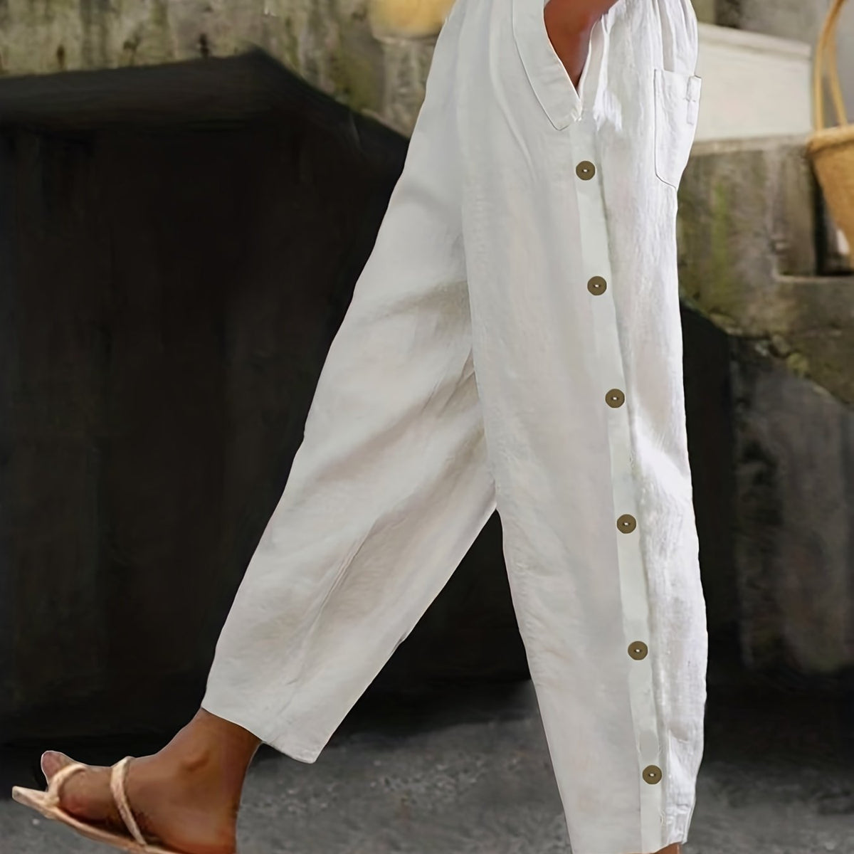 Solid Side Breasted Cropped Pants Casual Pocket Elastic Waist Pants