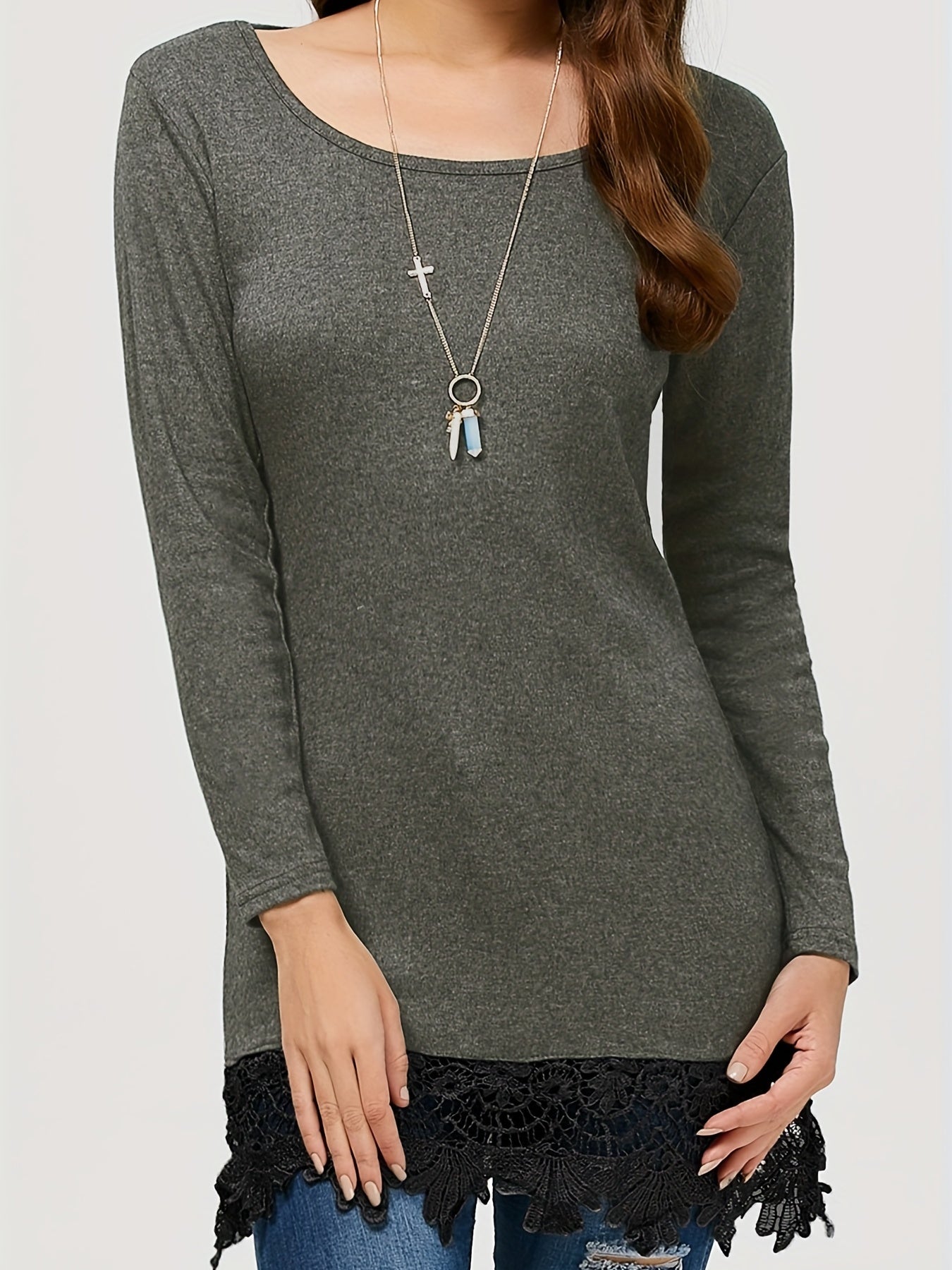  Lace Trim Long Sleeve Round Neck Dress