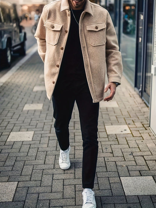 Stylish Retro Coat Jacket for Men Button Up Lapel Dual Pockets