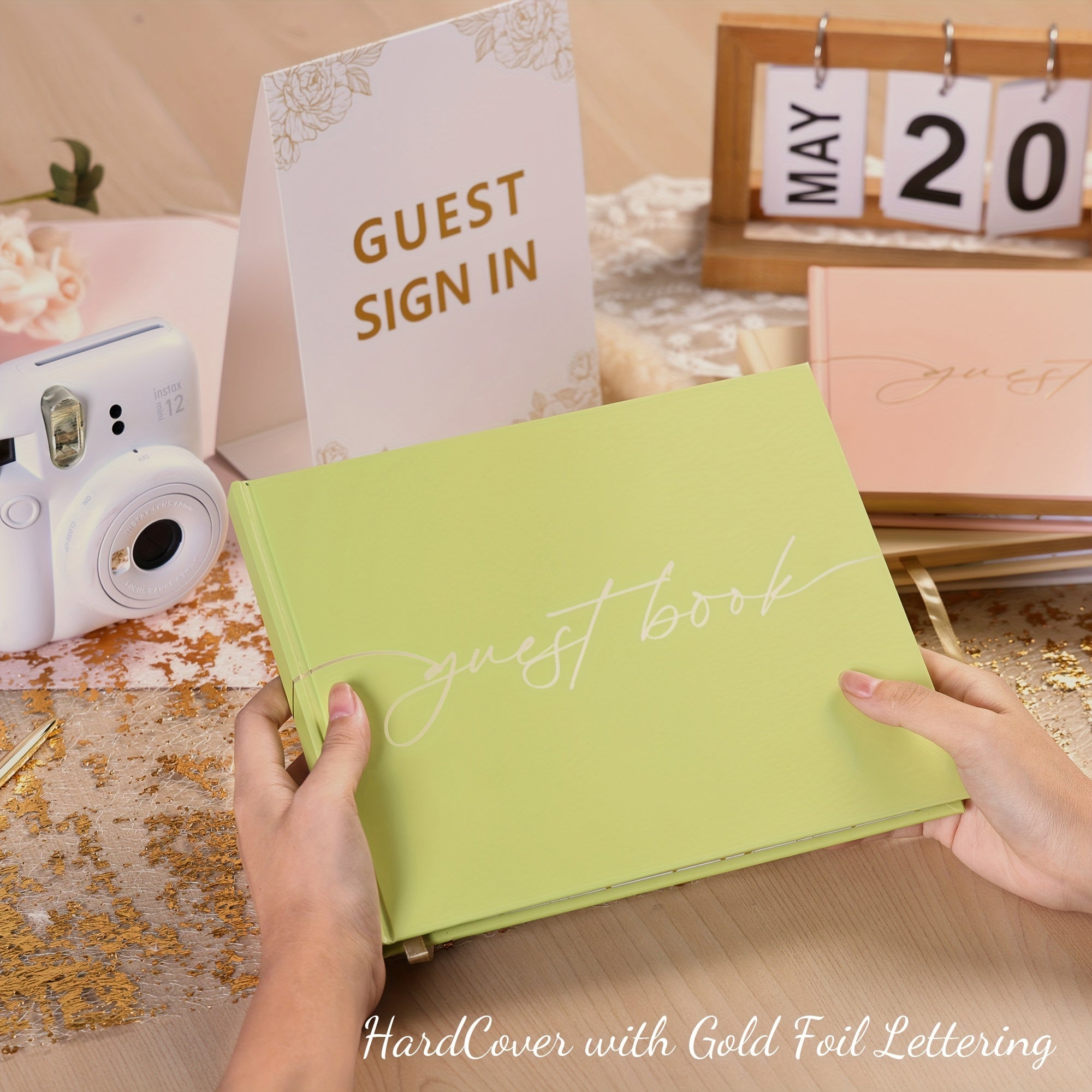 Wedding Guest Book With Pen & Sign Golden Foil Lettering Hardcover Palaroid