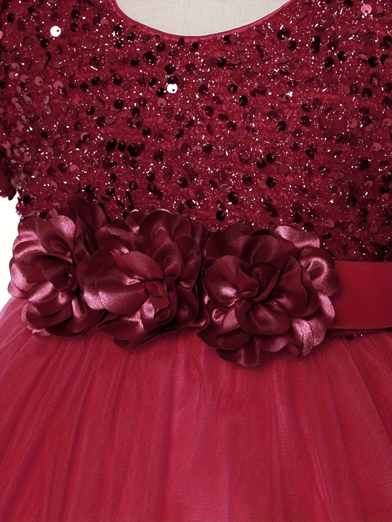 Baby Girls Flower Bowknot Decor Puff Sleeve Mesh Sequin Princess Dress