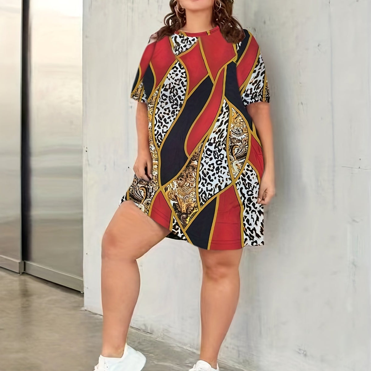  Colorblock Paisley Print Round Neck Dress