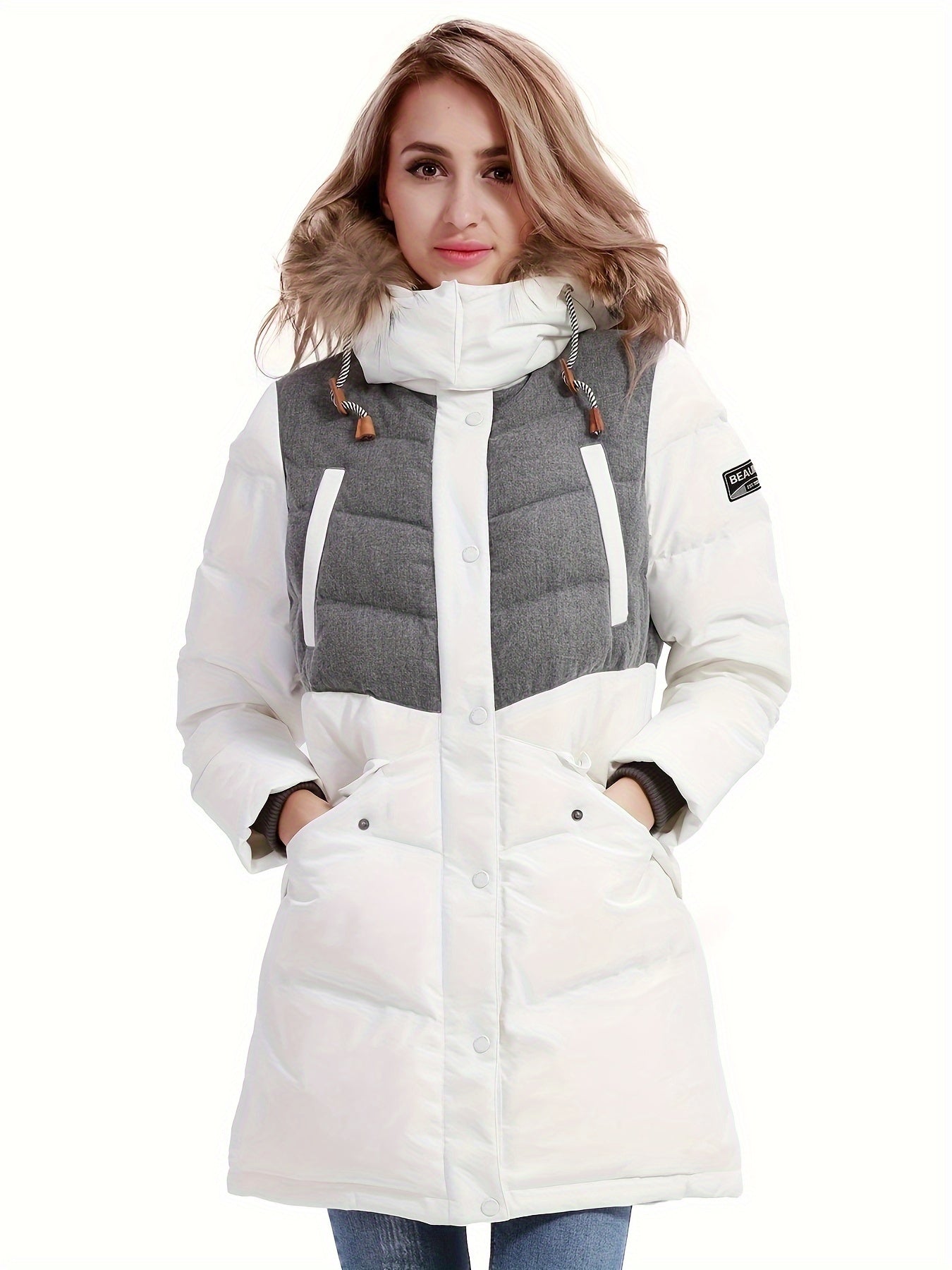 Women's Long Down Hooded Jacket Contrast Long Sleeve Winter Puffer Jacket