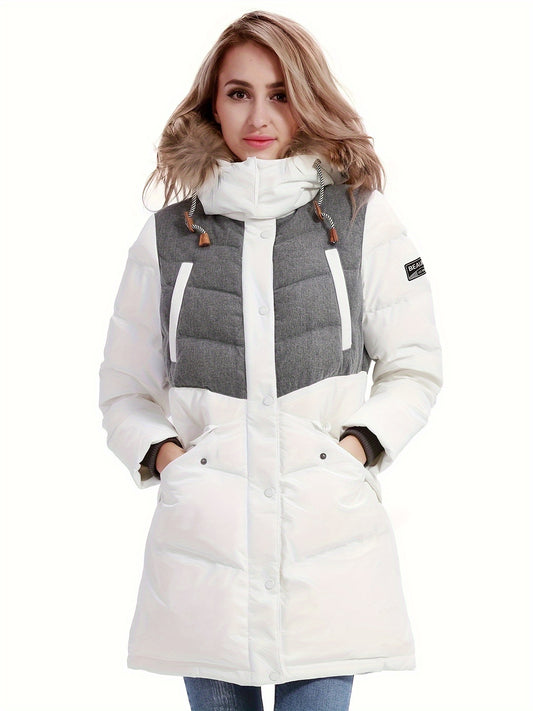 Women's Long Down Hooded Jacket Contrast Long Sleeve Winter Puffer Jacket