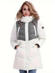 Women's Long Down Hooded Jacket Contrast Long Sleeve Winter Puffer Jacket