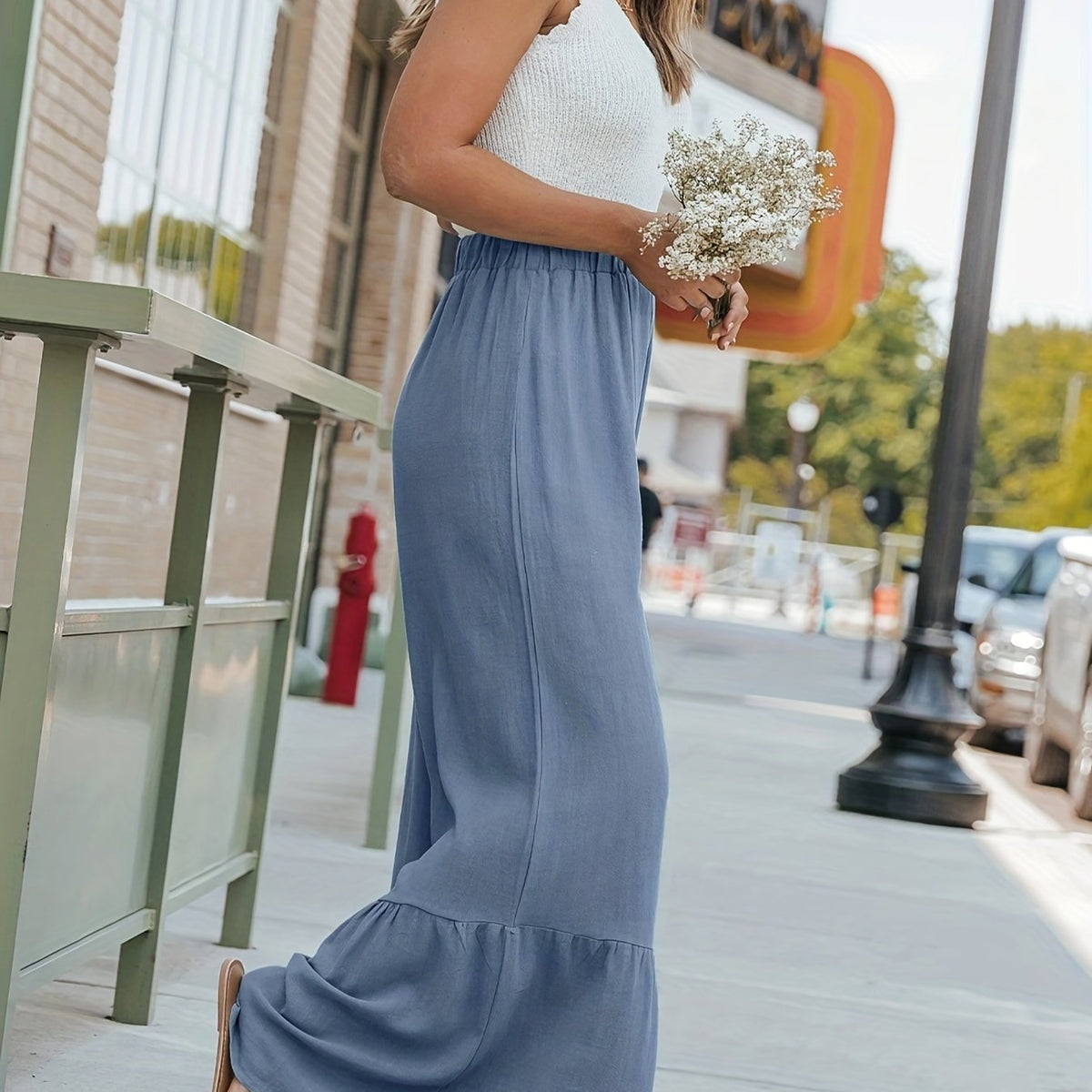  Solid Ruffle Trim High Rise Wide Leg Pants