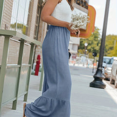  Solid Ruffle Trim High Rise Wide Leg Pants