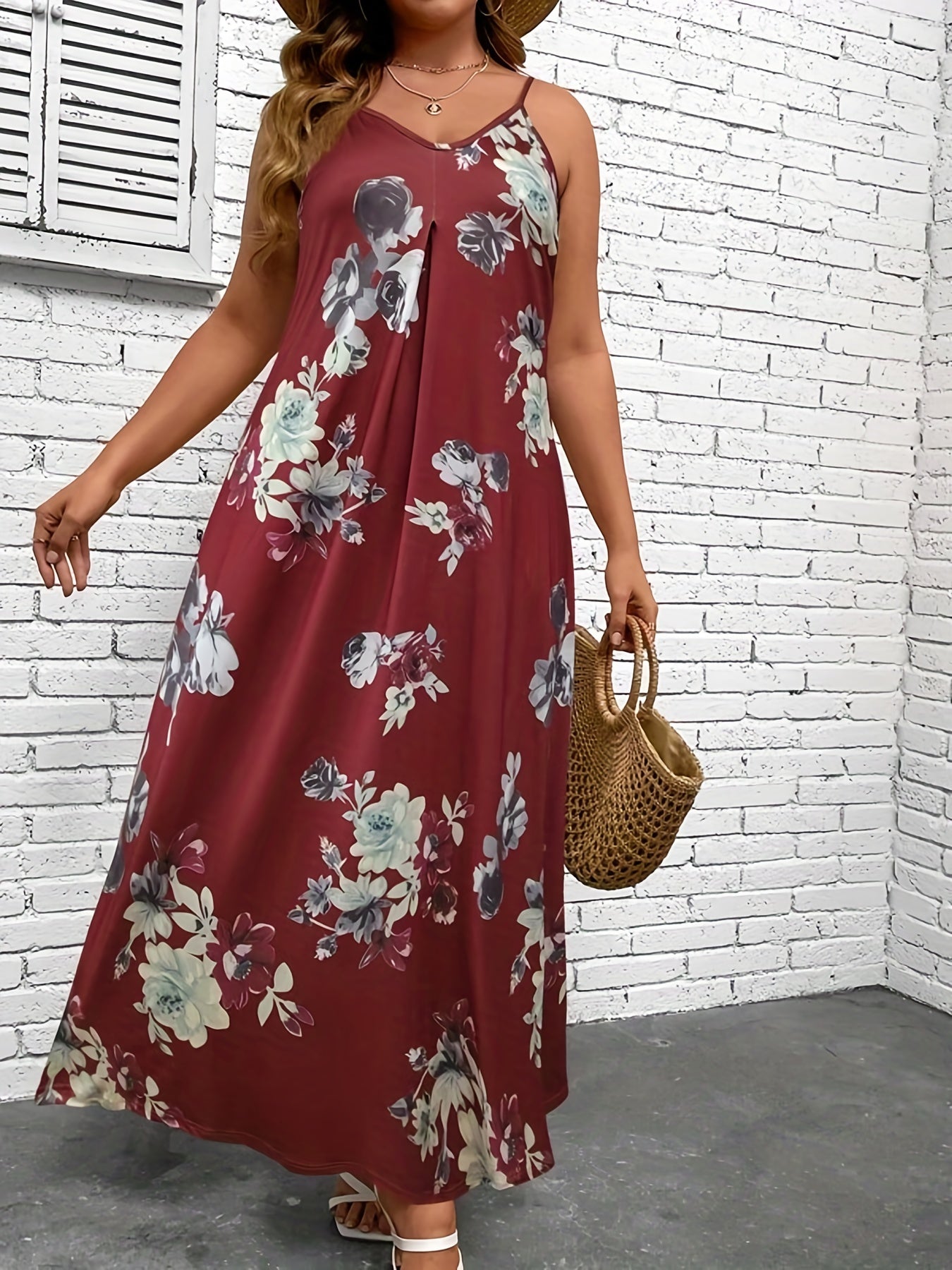  Floral Print V Neck Maxi Cami Dress