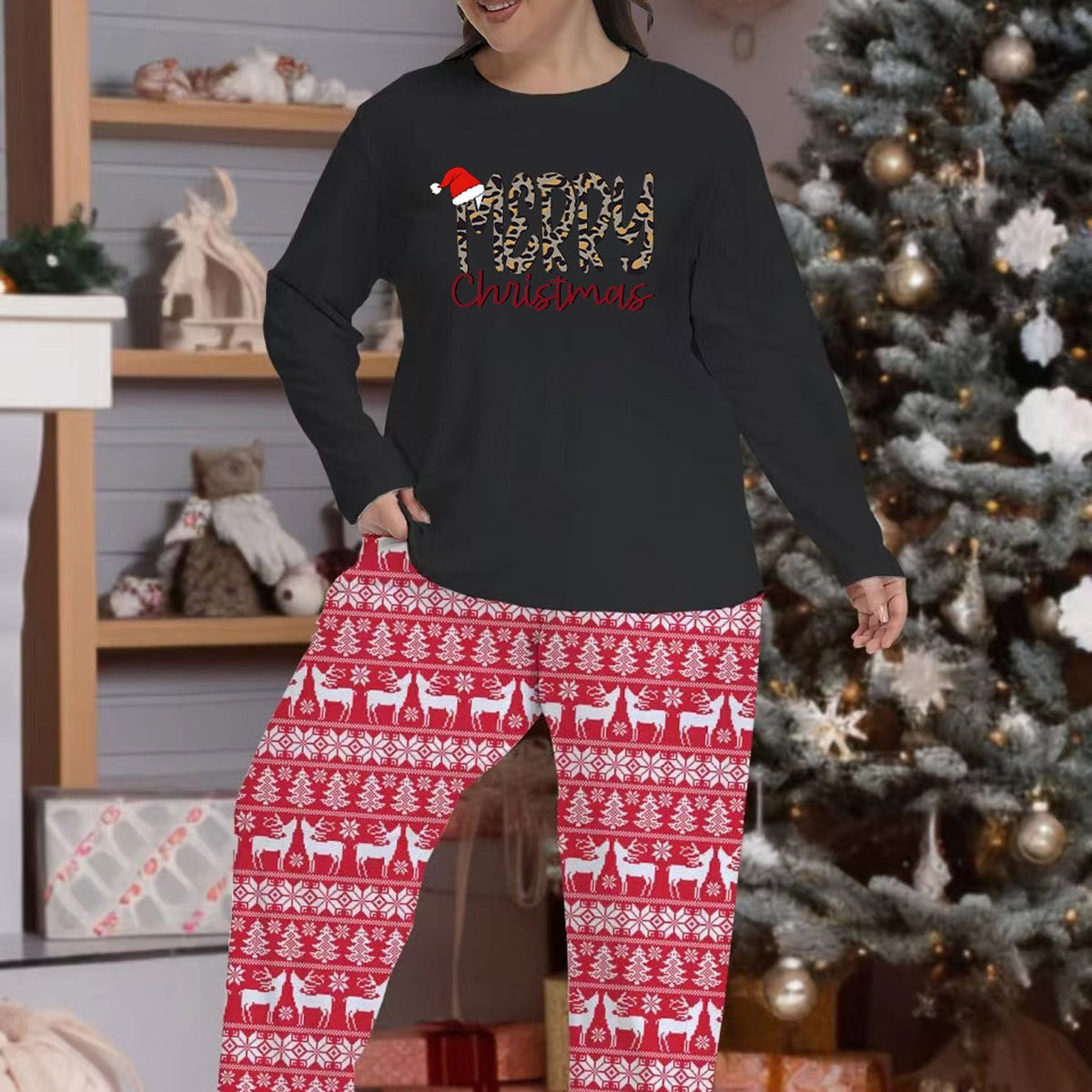  Christmas Pajama Set Women's Plus Santa Hat & Slogan Top