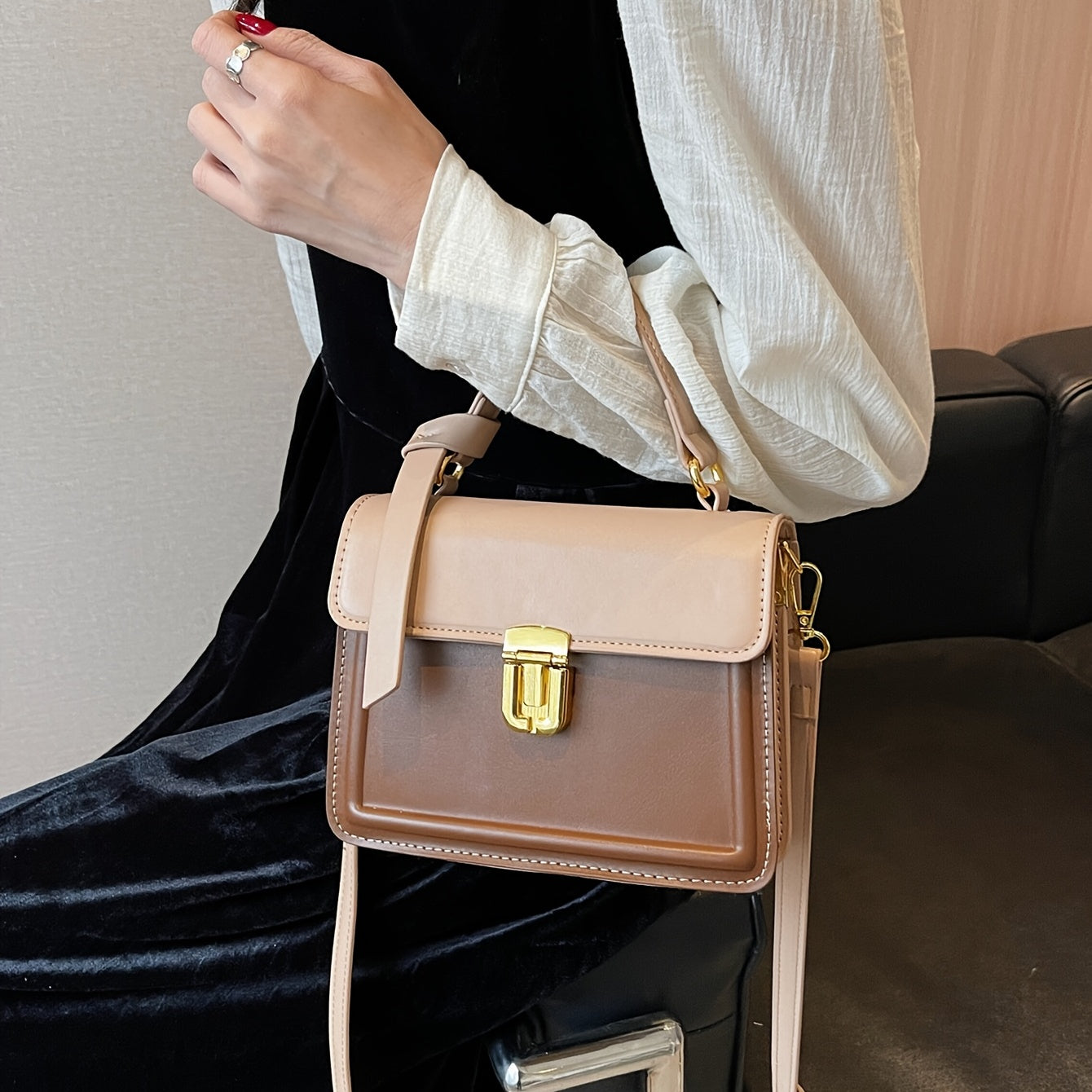 Buckle Decor Handbag Square Crossbody Bag Faux Leather Flap Purse For Women
