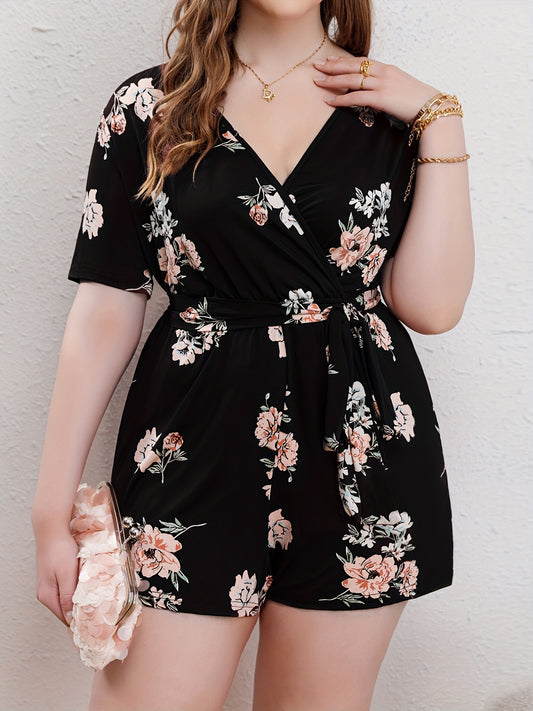 Floral Print Short Sleeve Romper with Belt