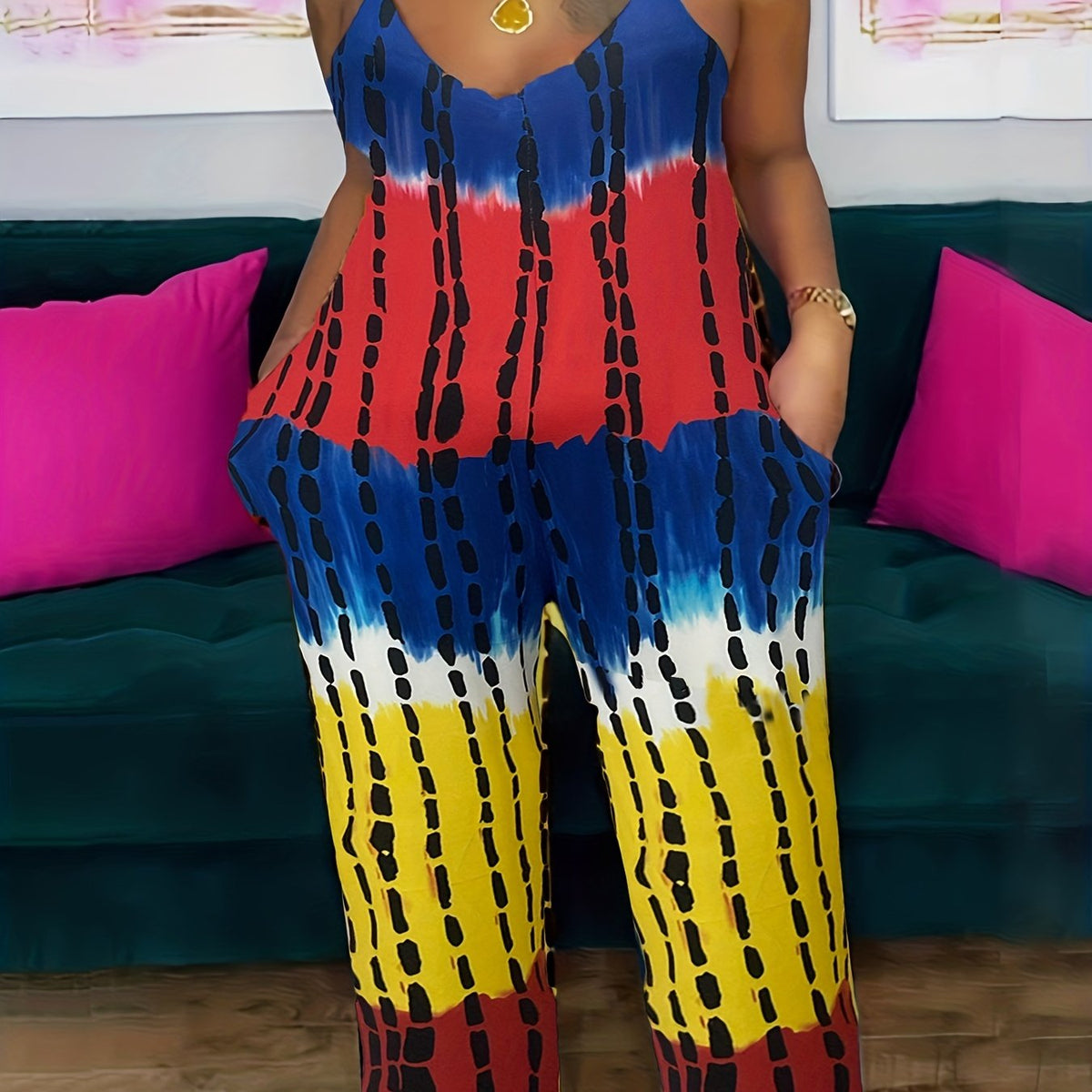  Tie Dye Cami Jumpsuit Round Neck Slight Stretch