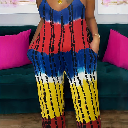  Tie Dye Cami Jumpsuit Round Neck Slight Stretch