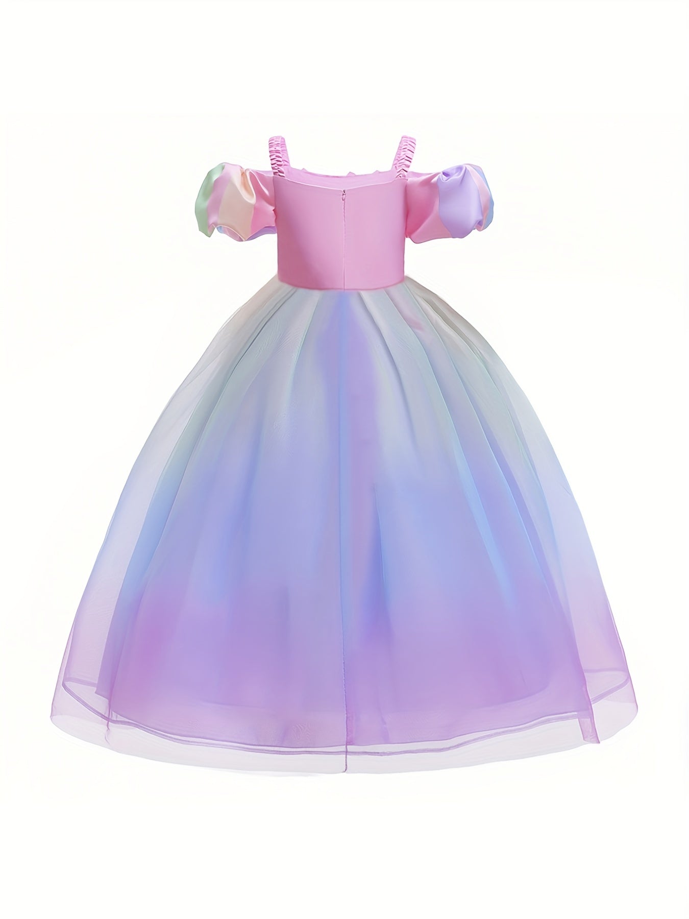 Girls Princess Dress Camisole Puff Sleeve Gradient Tulle Floral Decor