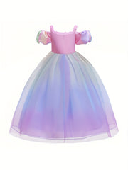 Girls Princess Dress Camisole Puff Sleeve Gradient Tulle Floral Decor