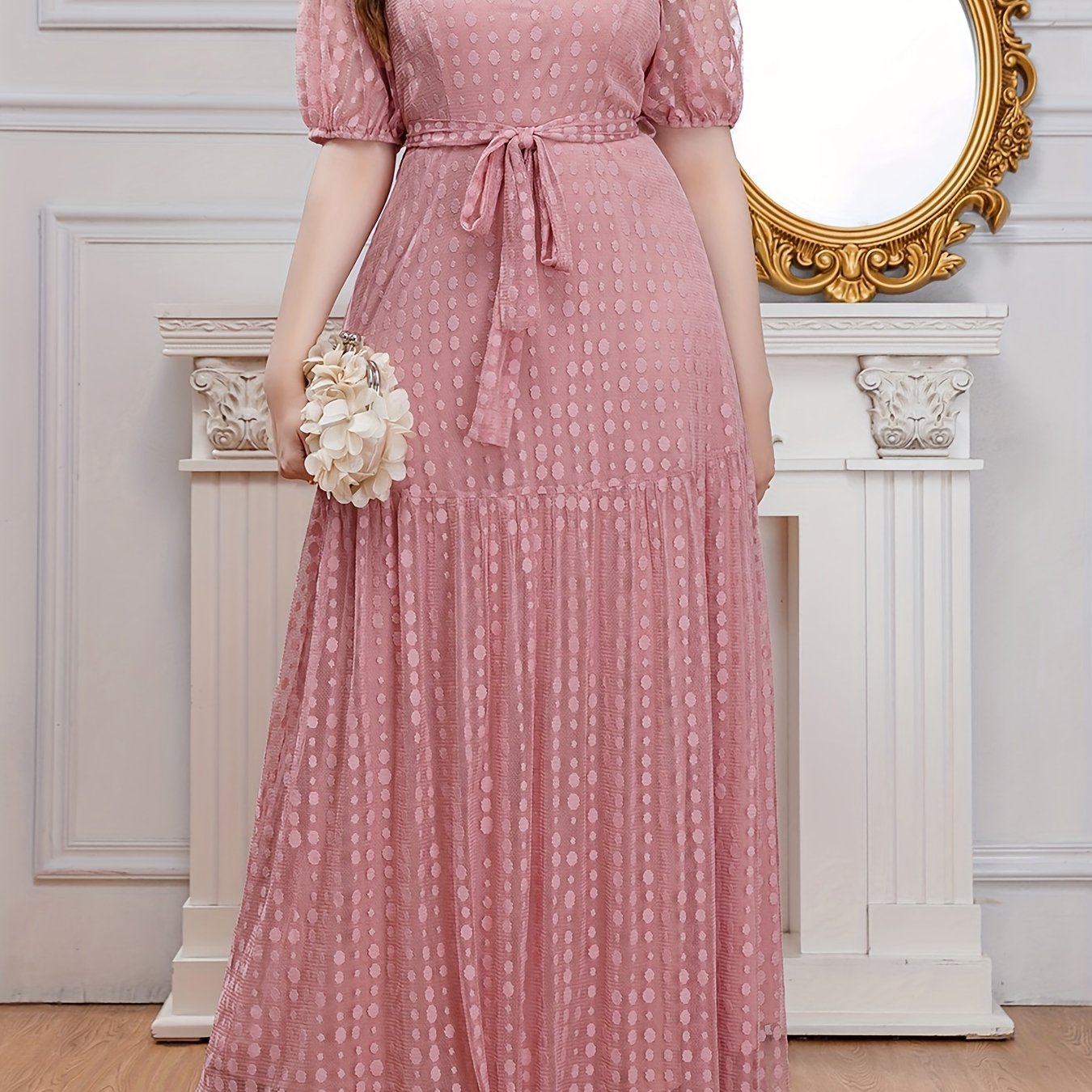 Polka Dot Mesh Puff Sleeve Maxi Formal Evening Dress With Belt