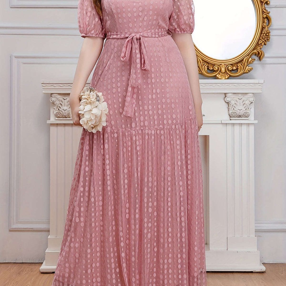 Polka Dot Mesh Puff Sleeve Maxi Formal Evening Dress With Belt