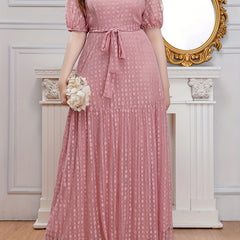 Polka Dot Mesh Puff Sleeve Maxi Formal Evening Dress With Belt