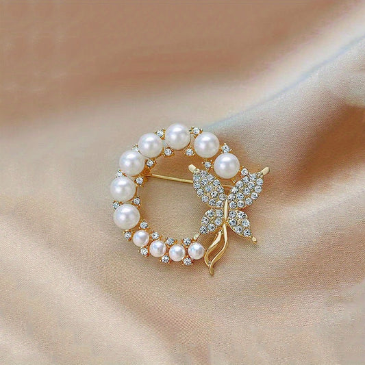 Zircon Faux Pearl Butterfly Brooch Pin Ladies Corsage