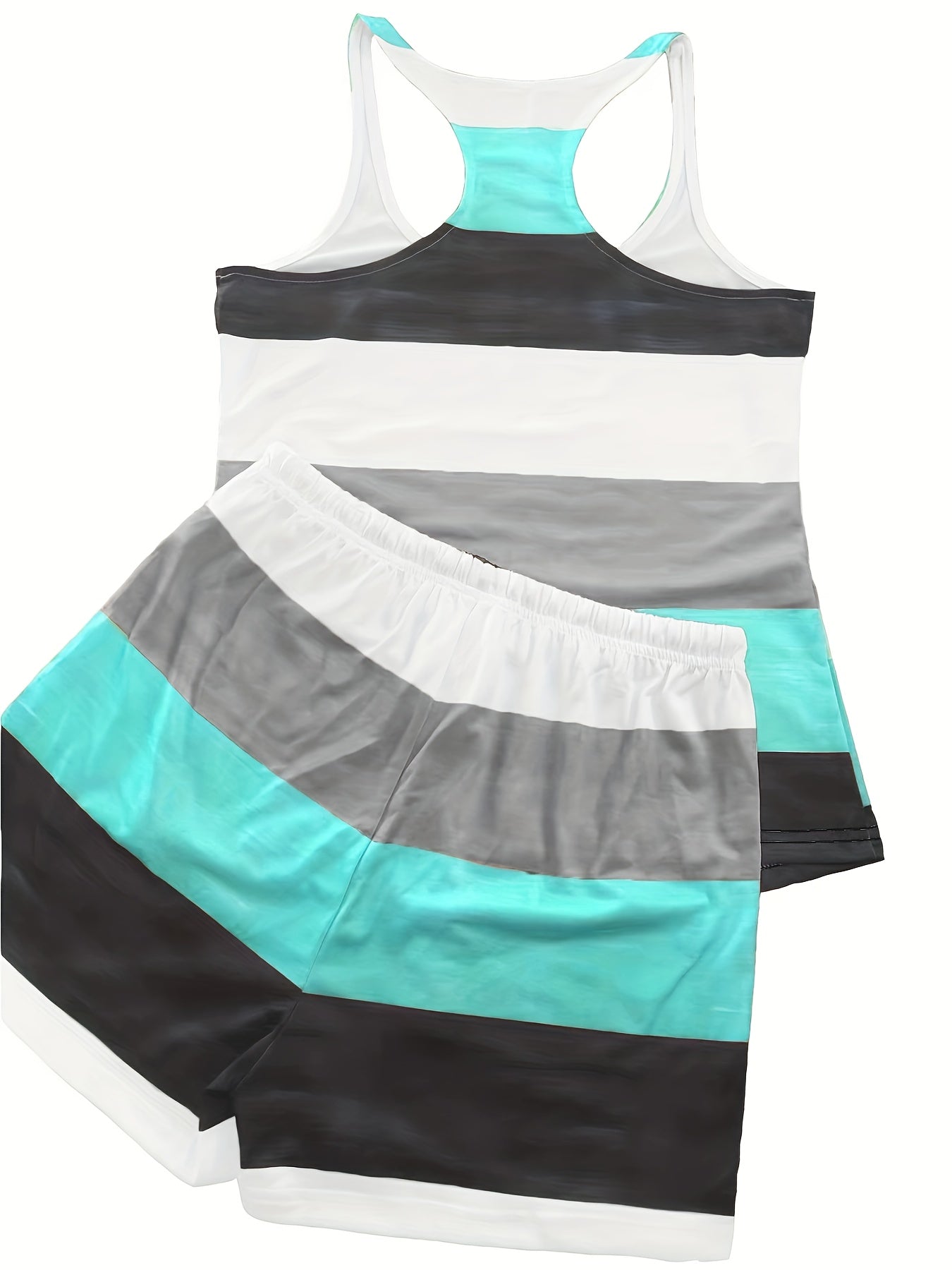 Striped 2pc Set Tank Top & Elastic Waist Shorts Outfit Women's Clothing