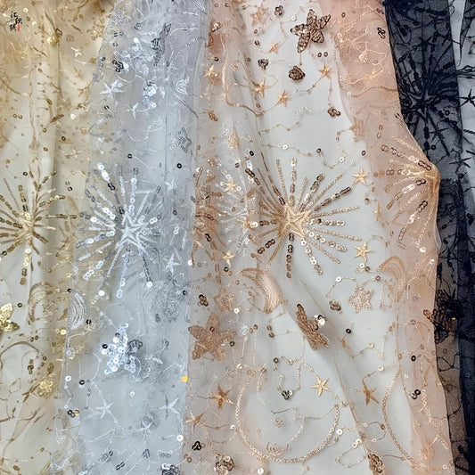 Fairy Star Moon Sequin Embroidery Mesh Fabric for Wedding Dress