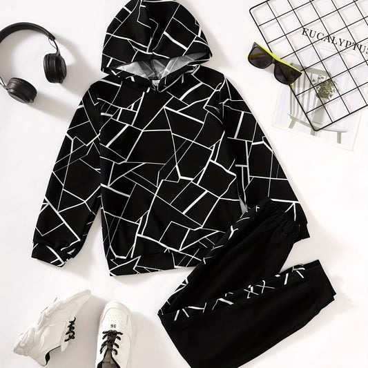 Geometric Graphic Print Boys Hooded Sweatshirt & Sweatpants Set