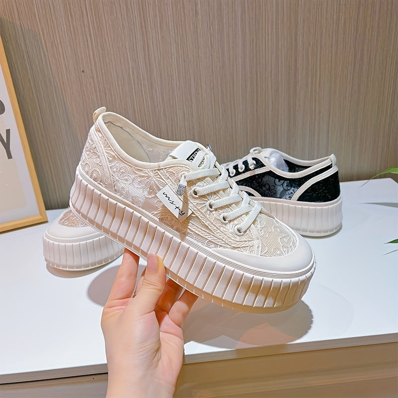 Women's Floral Pattern Thick Bottom Lace Up Sport Shoes