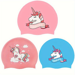 Cartoon Rainbow Horse Swim Cap, Waterproof Silicone, Long Hair Girls & Boys